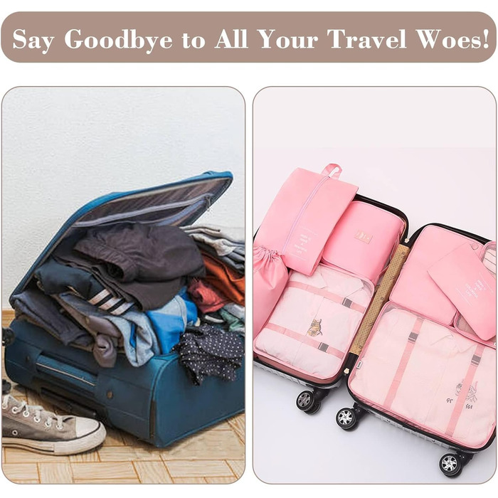 Органайзер для валізи - Набір 8 штук Packing Cubes для подорожей, система організації валізи, набір кубиків для пакування (Рожевий)