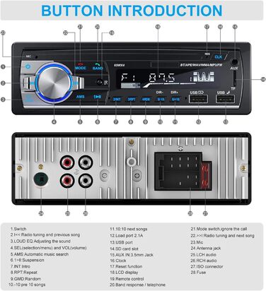 Автомобільна магнітола Lifelf 1 DIN RDS Bluetooth, 4x65Вт, MP3/USB/FM, підтримка iOS/Android, без CD, чорна/срібляста