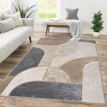 Килимок для вітальні TT Home з коротким ворсом, геометричний дизайн, абстрактний стиль, сірий та темно-кремовий, 80x150 см