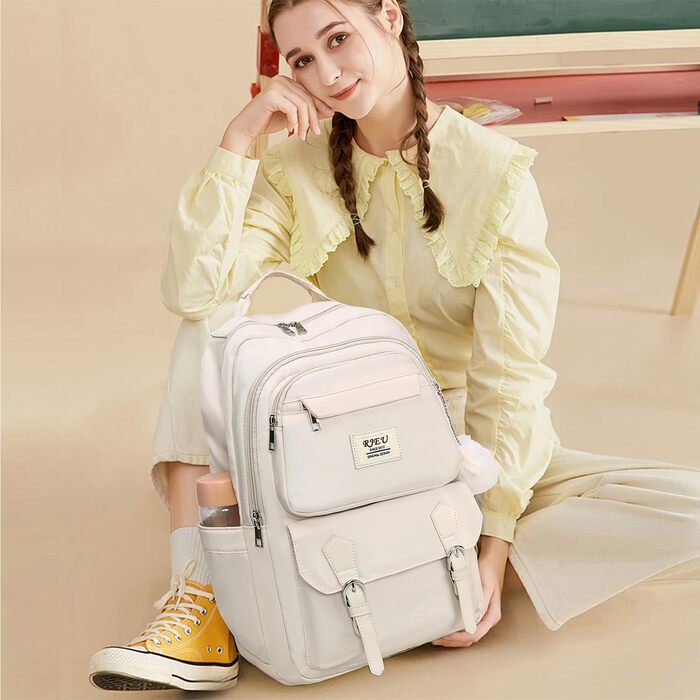 Шкільний рюкзак для дівчаток з відділенням для ноутбука 15.6 дюймів, стильний, для старшої школи та коледжу (Бежевий)