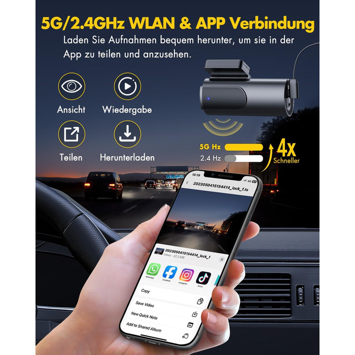 Відеореєстратор GKU Dashcam Auto: 4K+1080P, WiFi 2.4/5GHz, SD 64GB, Паркувальний режим, Нічне бачення, WDR, 170° Кут огляду, G-сенсор, Циклічна запис, Керування через APP, Чорний