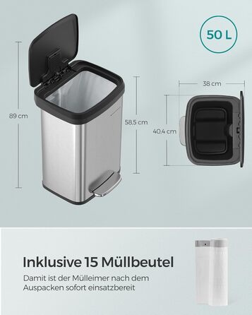 Відро для сміття SONGMICS кухонне педальне, металеве, 50 л, срібно-чорне LTB520E68