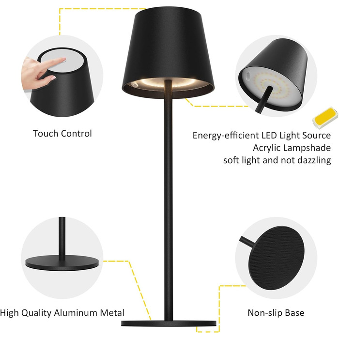 LED настільна лампа K-Bright з регулюванням яскравості, акумуляторна, бездротова, 3000K/4000K/6000K, 3 колірні температури, USB-C, IP54, чорна