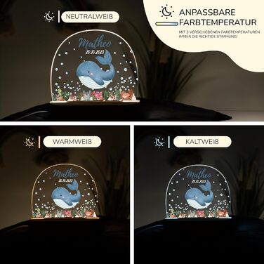 Night light for children with desired name, personalized night lamp dimmable - With a cute animal motif as personalized gifts for children for baptism, birth, Easter & baby gifts (Whale)