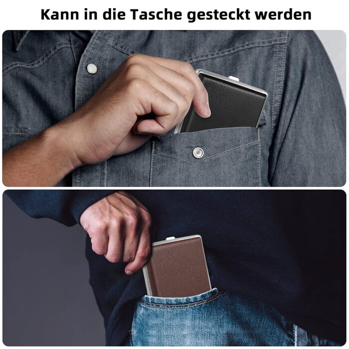 Чохол для сигарет зі шкіри та металу на 20 сигарет (3 шт.), шкіряна сигаретна коробочка, металева сигаретна коробка, 10 * 9.5 * 1.9 см (Чорний) (2 шт/Чорний+Коричневий)