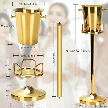 Ейскюбель: Якісний ес-кюбель з нержавіючої сталі для барів, вечірок, весіль, вина, шампанського, спиртних напоїв. Зберігає лід 3-6 годин, золотий, 3FT (91 см).