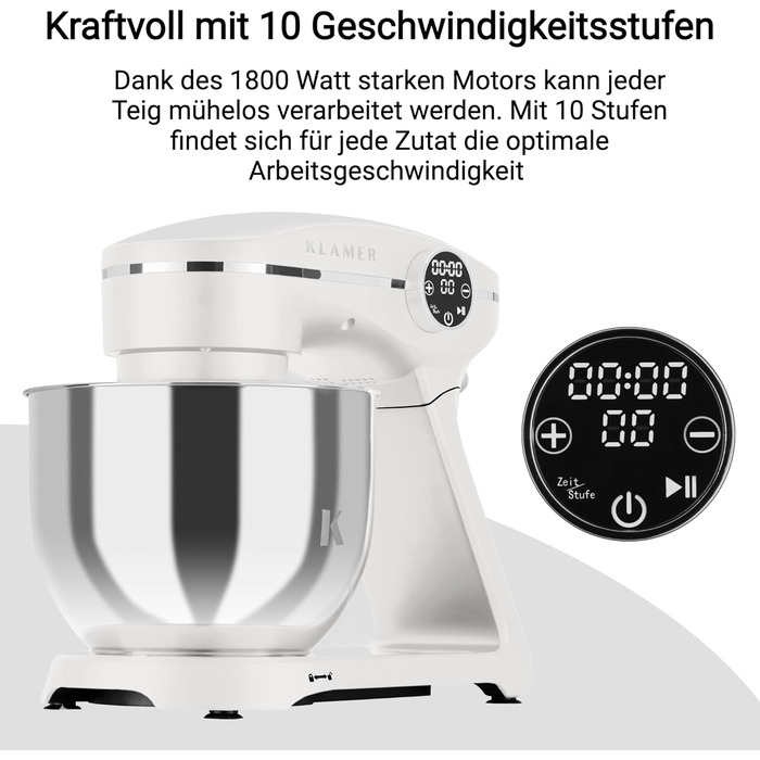 KLAMER 1800W Stand Mixer - Stainless Steel Bowl 6L, 10 Speed Settings, Timer, Planetary Mixing, Dough Hook, Whisk & Beater - White