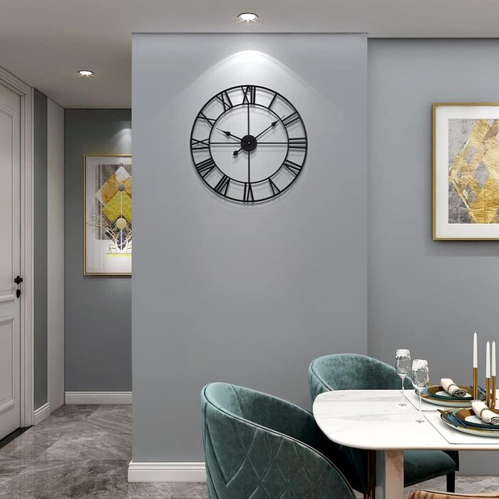 HAITANG Large Vintage Style Wall Clock, Black Round, Metal Silent Non-Ticking, Battery Powered, 40cm, 16 Inch Roman Numerals, Clocks for Living Room, Bedroom, Kitchen Wall Clock Decoration