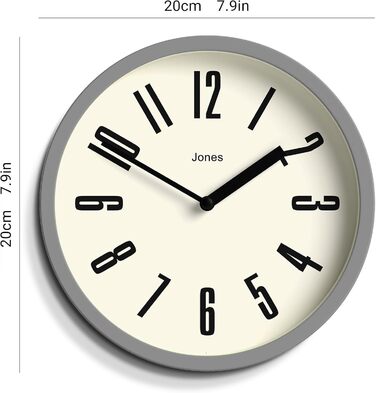 JONES CLOCKS® Hot Tub Wall Clock | Small Retro Round Clock | 20cm | Easy-to-read numbers | Ideal for kitchen, office, kids' room or any small space (Gray)