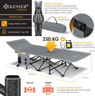 Кемпінгове ліжко KESSER®: стабільне розкладне ліжко для відпочинку на природі з сумкою, ліхтарем та кишенею. Максимальне навантаження 250 кг, сірий колір, 210 см