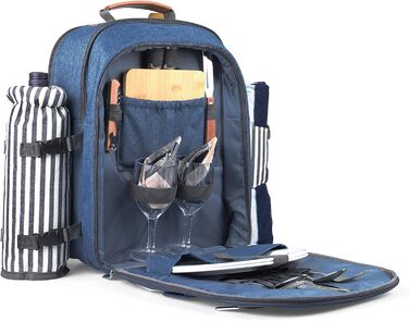 Sunflora Picnic Backpack Set for 4 People with Insulated Cooler and Blanket, Picnic Basket for 4 People for Camping and Outdoor Activities (Blue & Stripes, 2 Person)