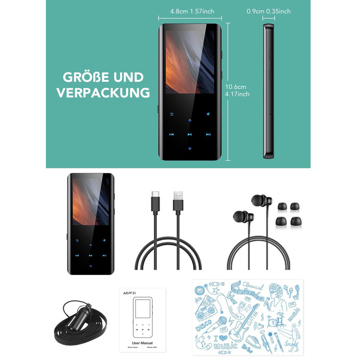 MP3 плеєр AGPTEK 64GB Bluetooth 5.3, 2.4