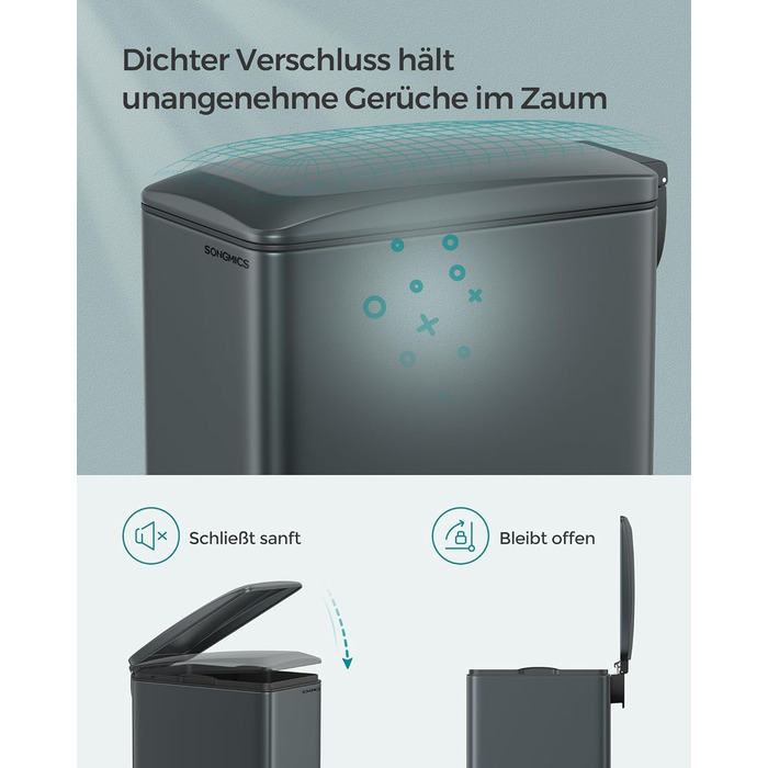 Відро для сміття SONGMICS 20 л з педаллю, м'яким закриттям, з внутрішнім відром, 15 мішків, металік сріблястий LTB543E01