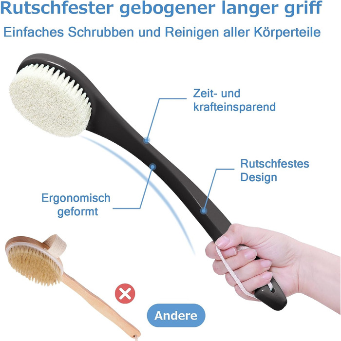 Масажна щітка для тіла з довгим руків'ям - чорна (PE) для пілінгу та масажу