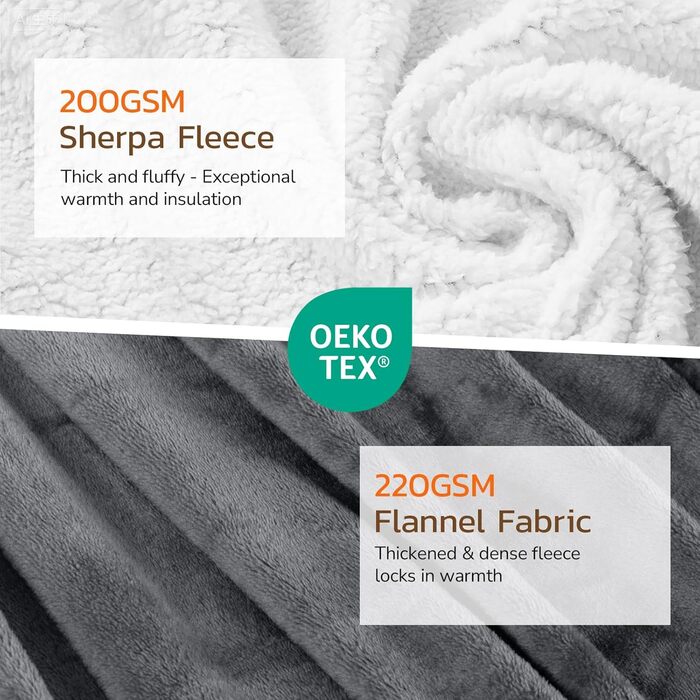 Електрична ковдра PRANITE 180x130 см з Sherpa та Flanell, 6 режимів нагріву, таймер 10 годин, автовимкнення, захист від перегріву, придатна для прання – сіра для ліжка та дивана