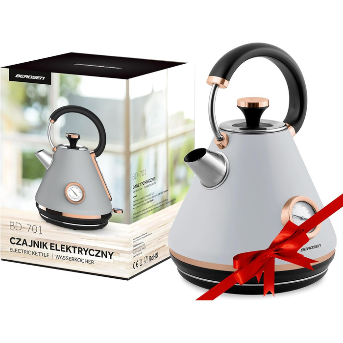 Елегантний електрочайник Berdsen BD-701 з термометром, 1.7L (сірий)