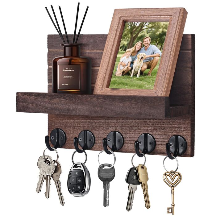 Дерев'яне настінне кріплення для ключів з полицею, декоративне, 5 гачків, для прихожої, спальні, вітальні (колір: коричневий)
