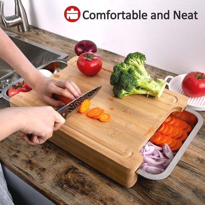 Rainsworth Bamboo Cutting Board with Drip Tray - with 3 Stainless Steel Bowls and Juice Groove - 40x30x7cm Large Solid Multifunctional Cutting Board High - Vegetable Cutting Board Bumbus with Feet