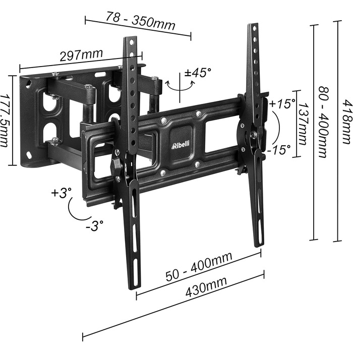 Кріплення для телевізора Ribelli® поворотне та нахильне, VESA 600x400mm, для 32-84 дюймів, до 50 кг, для телевізорів та моніторів (Flat & Curved)