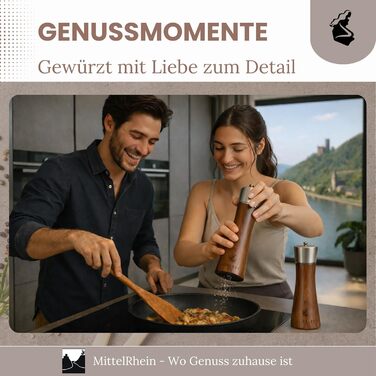 Мельниця для солі та перцю LORELEY® Mittelrhein Germany з дерев'яним корпусом та керамічним механізмом – з підставкою та пензлем – подарункова упаковка | Подарунок на весілля/новосілля (преміум нержавіюча сталь)