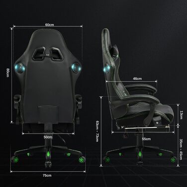 Ігрове крісло GTPLAYER, ергономічне комп'ютерне крісло з підставкою для ніг, динаміками, для геймерів, офісне, до 150 кг, чорне-зелене