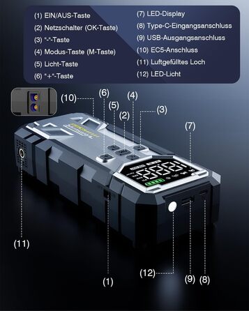 Powerbank Starthilfe 7000A з компресором та LED-ліхтариком: 160PSI, 12V для бензинових та дизельних авто