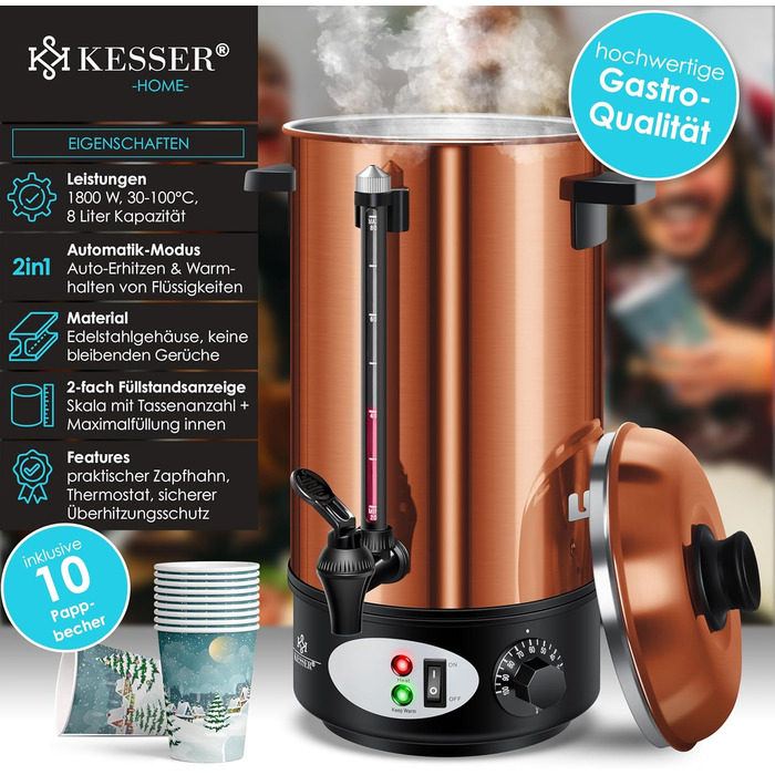 KESSER® Mulled Wine Boiler 8L Stainless Steel Incl. 10x Cups Mulled Wine Cooker with Thermostat Mulled Wine Dispenser Hot Beverage Dispenser Kettle Hot Water Dispenser Canning Device Level Indicator Tap Black (8 Liters / Copper)