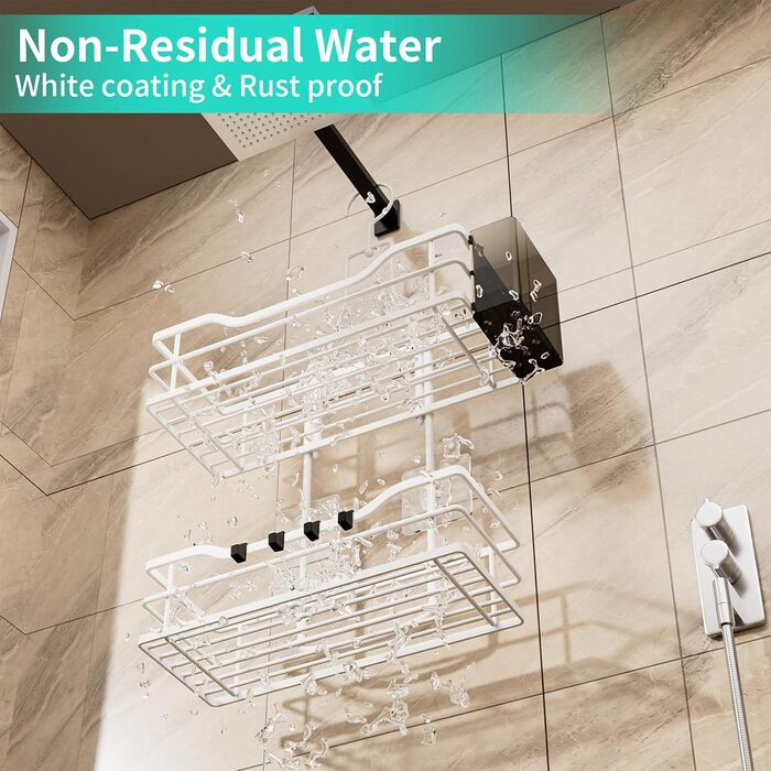 Настінна поличка для душу HapiRm з 4 гачками - органайзер для шампуню та засобів для душу, білий