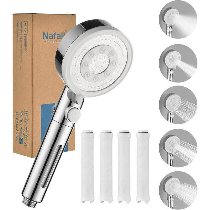 Fall Shower Head with Filter - High-Pressure Handheld Shower with 1.5M Hose, Shower Head with 5 Spray Patterns and Stop Function, Shower Head with Hose, Chrome (Chrome and White)