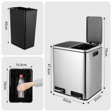 Відро для сміття LIFERUN з двома відсіками, 2 x 15 літрів, з нержавіючої сталі, м'яке закриття кришки, знімний внутрішній відро, ручки, відро для сміття з педаллю, для квартири, маленької сім'ї, сріблястого кольору