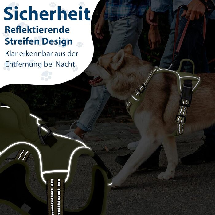 Шлейка для собак середніх порід Funfox, анти-тяга, з ручкою та світловідбиваючими смугами, без коміра, військовий зелений (M)