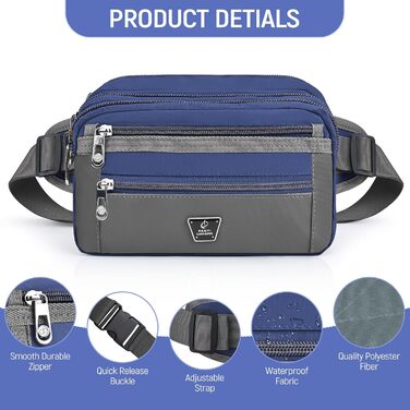 Чоловіча/жіноча поясна сумка на пояс з 7 кишенями на блискавці для спорту, фітнесу, бігу, велоспорту, подорожей та кемпінгу, блакитна