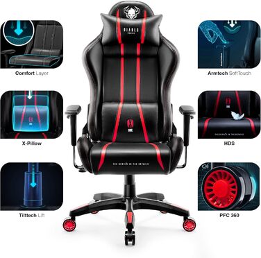 Ігрове крісло Diablo X-One 2.0, ергономічне, з регульованими підлокітниками, подушками для шиї та попереку, функцією гойдання, для геймерів і офісу, червоне, розмір L