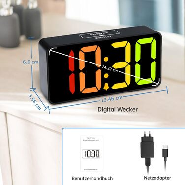 LED-годинник Eachui з USB-зарядкою, великий дисплей, регулювання яскравості та гучності, функція повтору, 12/24 год, цифровий годинник, живлення від мережі (чорний & білий)