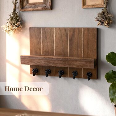 Дерев'яне ключове дощечка з полицею, 5 гачків, для прихожої, спальні, вітальні (колір: коричневий)