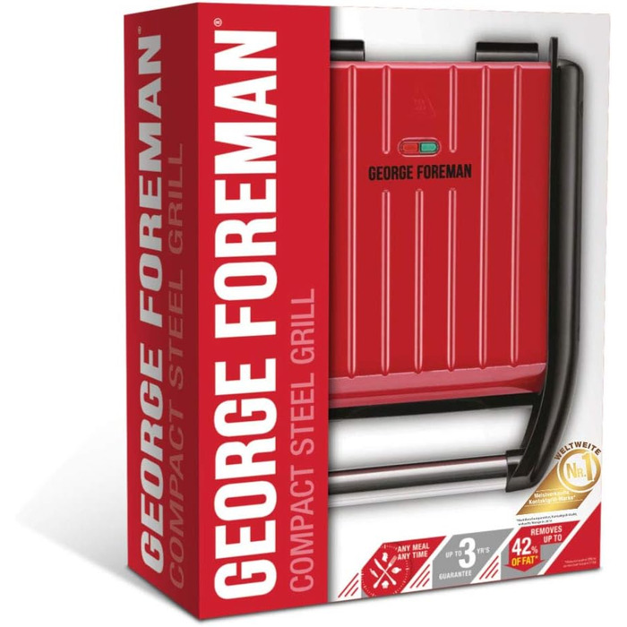 George Foreman Compact Steel Grill & Panini Press - 24x17cm - 3 Portions - Reduces Up to 42% Fat