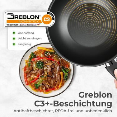 KLAMER Wok з нержавіючої сталі з антипригарним покриттям, професійний, для індукційних плит, з високим бортиком, сумісний з духовкою та посудомийною машиною