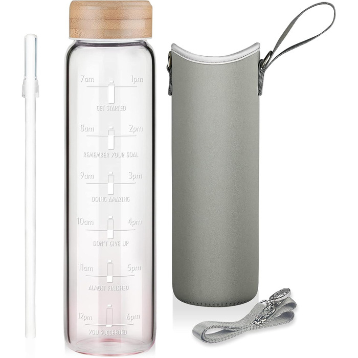 1 Liter Glass Water Bottle with Straw & Time Marker, 1L Motivational Glass Water Bottle with Protective Sleeve, Borosilicate Glass Bottle for Carbonated Drinks, Leak-Proof