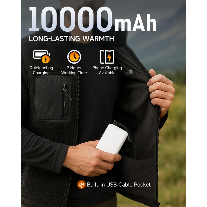 Обогреваемый жилет LABCOOL для мужчин и женщин - флисовый жилет з USB-живленням (10000mAh Powerbank), 6 зон обігріву, 3 температурні режими, машинне прання, XL, чорний