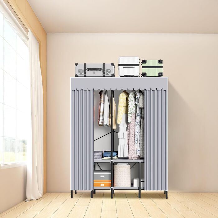 Wardrobe, Portable Shelf System, 20 Cube DIY Shelf System Wardrobe Open Plastic Wardrobe with Doors Wardrobe Cabinet White 180 x 142 x 37CM (With Fabric Cover 138x170x48cm)