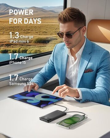 Powerbank Charmast 10000mAh з 4 кабелями, 6 виходами та 3 входами. Сумісний з iPhone, iPad, Samsung. Чорний