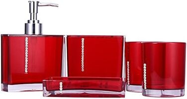 5-Piece Bathroom Accessories Set includes emulsion bottle, toothbrush holder, 2 rinsing cups, soap dish, plastic gift bath set, white (Red)