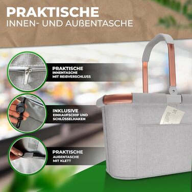 Великий стабільний кошик для покупок | Кошик для перенесення з ручками та посиленим дном, передня кишеня та внутрішня кишеня на блискавці | Ідеально як сумка для покупок, кошик для пікніка або шопер (Світло-сірий Рожевий)