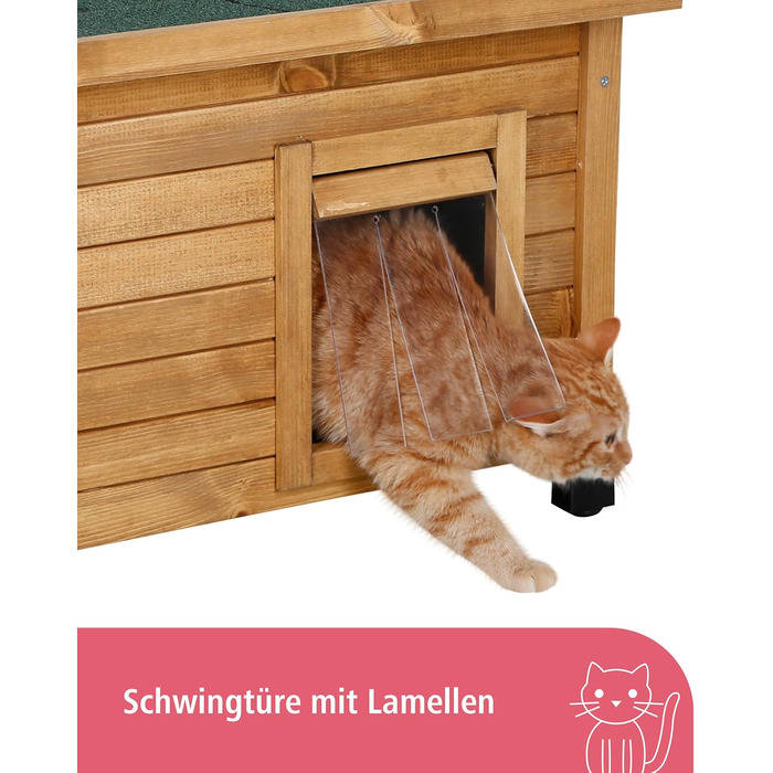 Дім для котів Kerbl Rustica з дерева, маятникова двері з ламелями, вікна з плексигласу, регульовані пластикові ніжки, коричневий/зелений, 57 x 45 x 43 см