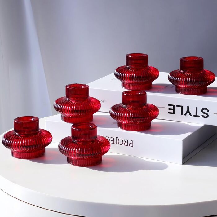 VOHO Candle Holders, Ribbed Glass, Stylish Boho Candle Holders, Stackable and Reversible, for Candle Stands and Votive Candles, e Candle Holders, Table Decoration, Set of 12 (Red/Getaway, Solid (Getaway Solids))