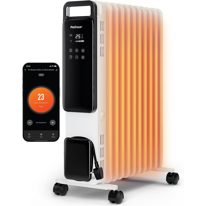 Pro Breeze 2500W Oil Radiator with 11 Fins, Electric Heater - Energy-Saving Oil Radiator, 3 Heat Settings, Adjustable Thermostat, 24h Timer, Touch Display & Safety Shut-Off Function Black - No App