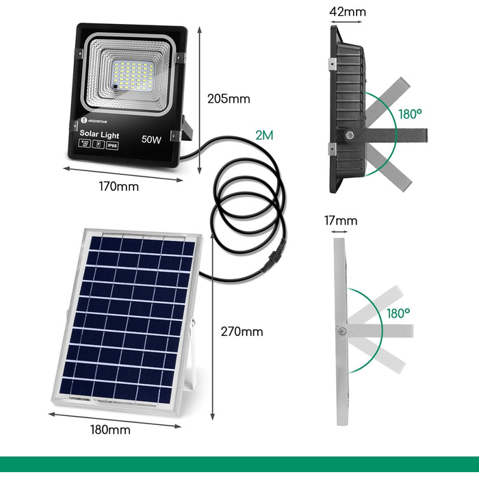 Aigostar 50W Solar Floodlight Outdoor, Super Bright LED Floodlight with Solar Panel, Cold White 6500K, IP66 Protection Rating Solar Spotlight Searchlight Outdoor Spotlight for Garden, Door, Yard, Garage, etc.