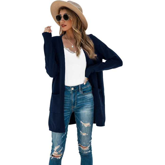 Кардиган жіночий Saodiallsu з довгим рукавом, однотонний, з кишенею (темно-синій, L)