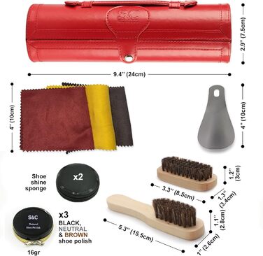 Stone & Clark 12-Piece Shoe Cream & Leather Care Set with Brown Wax, Shoe Brushes for Polishing, Compact Shoe Shine Kit with Horsehair Brushes & PU (Case: Hot Red)