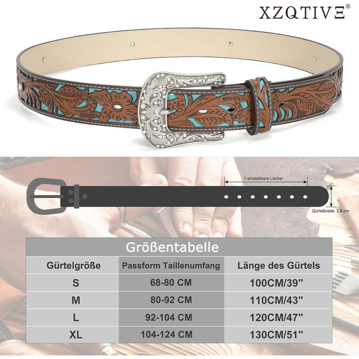 Жіночий шкіряний ремінь XZQTIVE Vintage у стилі вестерн з гравіюванням для джинсів, штанів, суконь. Колір: темно-коричневий, синій (бірюзовий діамант). Довжина: 100 см, підходить для об'єму талії 68-80 см